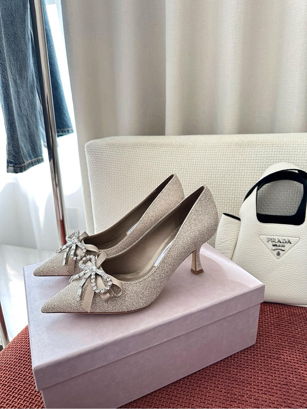 Jimmy Choo Champagne Glitter Pointed-Toe Pumps with Crystal Bow - Picture 7 of 8